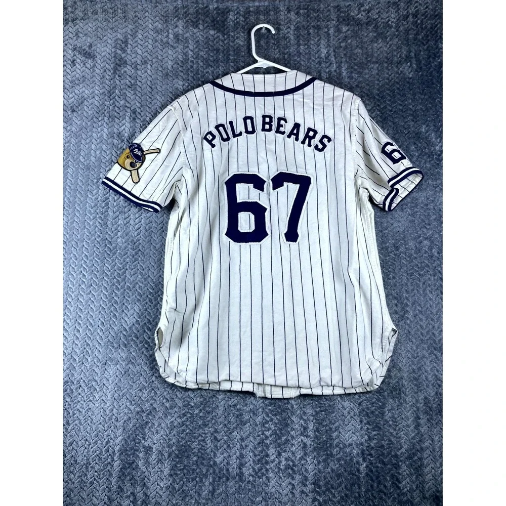 Polo Ralph Lauren Polo Bear Baseball 67 Jersey Men Medium White Pinstripe Cotton